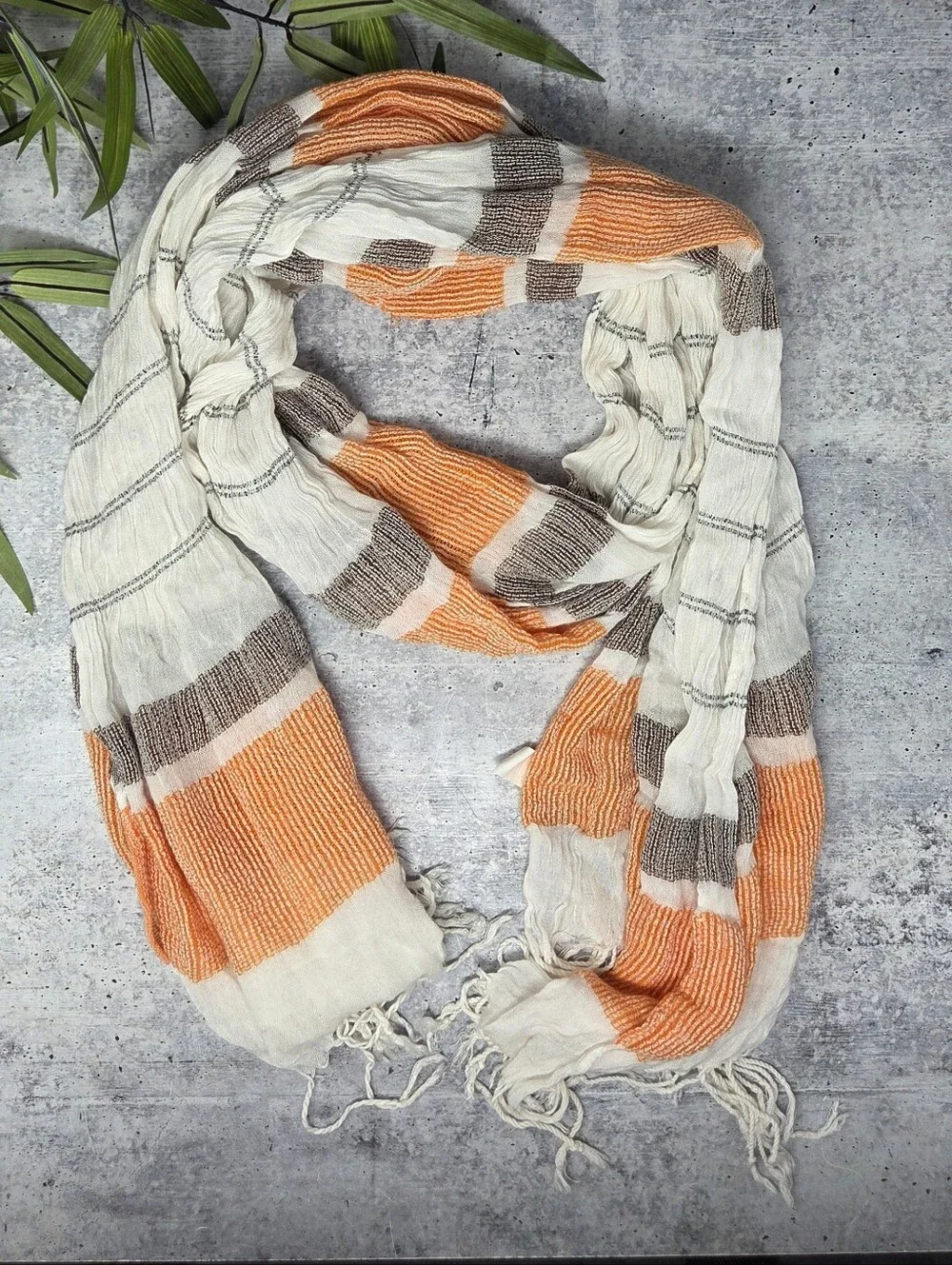 White Orange Brown Striped Long Scarf with Fringe